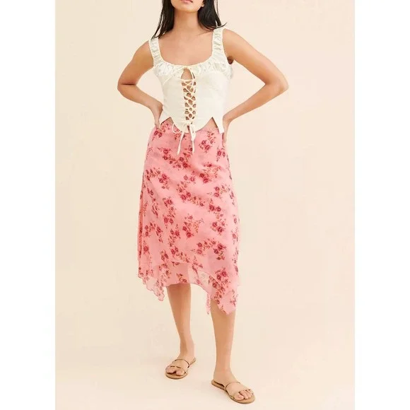 Free People Cottagecore Garden Party Floral Handkerchief Hem Midi Skirt ,Pink ,L - Picture 9 of 9